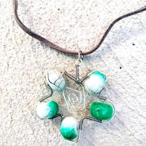 Necklace Wire Wrapped flower rock grey leather necklace Jewelry